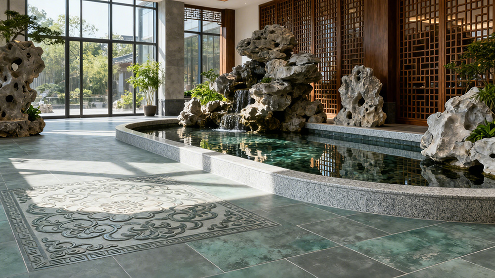 茶樓前廳地面復(fù)古磚鋪貼效果